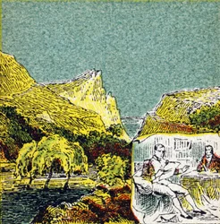 Napoleón I Bonaparte en el exilio en la isla de Santa Elena. Grabado en "Historia de Francia". Serie de imágenes publicitarias publicadas en nombre de Louit, circa 1920