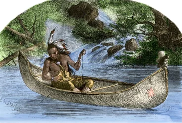 Población nativa de América: indios. Hiawatha pescando en una canoa. Grabado en color del siglo XIX.