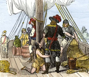 Población nativa de América: indios. Pocahontas capturada a bordo de un barco de Jamestown. Grabado en color del siglo XIX.