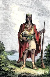 Población nativa de América: indios de Estados Unidos. Metacomet (c. 1639-1676), también conocido como Rey Felipe o Metacom, jefe de los wampanoag (Massachusetts, Nueva Inglaterra). Grabado en color.