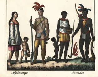 Nativos de Canadá: una familia de indios del lago Nipissing y una familia de indios de la zona de Ottawa. Litografía para el libro: "Galerie complete en tableaux fideles des peuples d