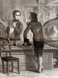 Nicéphore Niépce, aún desconocido y pobre, en la tienda de óptica e instrumentos de Charles Chevalier, de Les Merveilles de la Science, publicado c.1870