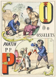 O P: osselets, pantin - Alfabeto de Juegos, c.1890 (ilustración)