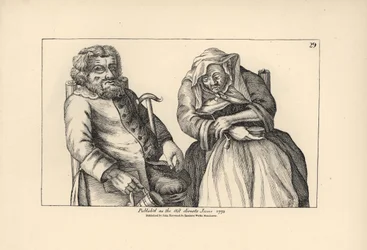 El viejo Darby con la jarra vacía y Juana con su pipa de tabaco. Grabado en cobre según una ilustración satírica de Timothy Bobbin (John Collier) (1708-1786) de Human Passions Delineated, John Haywood, Manchester.