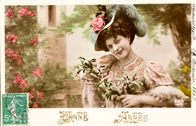Tarjeta postal antigua/Feliz año/Deseo/Mujer Belle Époque