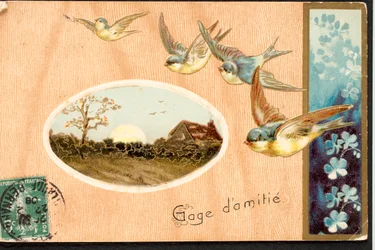 Tarjeta postal antigua / Promesa de amistad / Pájaro