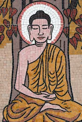 Pagoda budista Ong Nui, fresco mural, La vida del Buda, Buda Shakyamuni sentado en posición de meditación bajo el árbol Bodhi, Quy Nhon, Vietnam, 2019