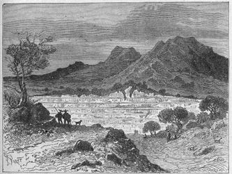 Cantera de sal gema a cielo abierto en Cardone, hacia 1880 (grabado)