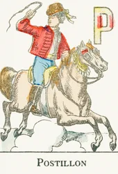 P: Postillón, un joven jinete con traje de cosaco - Grabado extraído de "Alfabeto de los juegos", circa 1890