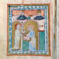 Página de un códice que muestra la Presentación en el Templo, Tesoro de la Catedral de Vercelli