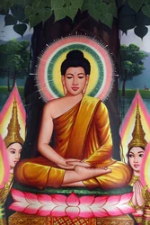 Pintura que representa al Buda meditando. Udong, Camboya