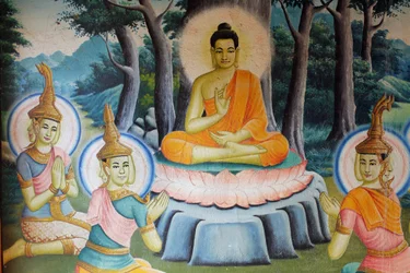 Pintura que representa la vida de Buda en Wat Nokhor, Kompong Cham, Camboya