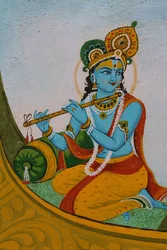 Pintura que representa a Krishna en un bote. India