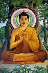 Pintura que representa a un Buda sentado en Wat Than, Phnom Penh, Camboya