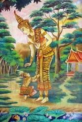 Pintura que representa la historia de la vida de Buda Shakyamuni. Wat Naxai. Vientián. Laos