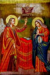 Pintura en la iglesia ortodoxa griega de la Anunciación, Nazaret, Israel, La Anunciación, 2018