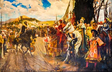 Pintura de los moros entregando las llaves a la reina Isabel, Capilla Real, capilla funeraria de los Reyes Católicos Isabel I y Fernando II, Granada, Andalucía, España, Europa