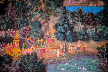 Pinturas de escenas de pueblo con Buda en Tailandia, Wat bang riang, Thub Pat/ Paintings, Wat bang riang, Thub Pat, Phang Nga, Tailandia, Asia (foto)