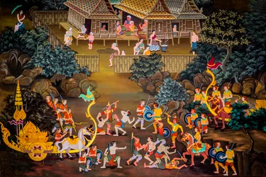 Pinturas de escenas de pueblo con Buda en Tailandia, Wat bang riang, Thub Pat/ Paintings, Wat bang riang, Thub Pat, Phang Nga, Tailandia, Asia (foto)