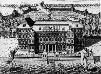Palacio de A. Menshikov en la Isla Vassily: Uno de los primeros edificios construidos en San Petersburgo (1711-1716), Grabado por A. Zubov (1717), Rusia