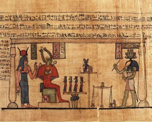 Papiro del Primer Libro de la Respiración de Ousirour, Thoth pesando el alma de Ousirour ante Isis y Osiris