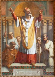 Iglesia parroquial (Parochiale kerk Sint-Dionysius van Lede). Interior. Nave sur. El altar. Pintura. San Dionisio. Firmado y fechado en 1854 por ThEodore-Joseph Canneel.