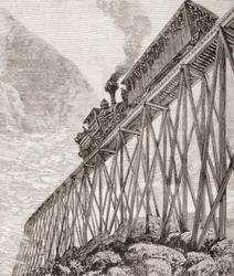 Parte de un ferrocarril de cuatro kilómetros de largo en New Hampshire, Estados Unidos, construido para viajes recreativos y para que los pasajeros disfruten de vistas panorámicas, c.1880, de 