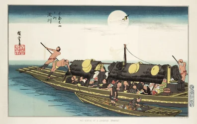 Pasajeros y tripulación a bordo de un pequeño bote, c. 1853-1856