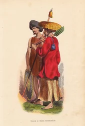 Peasant et soldat Cochinchinois (Vietnam) - Hombres de Vietnam (Cochinchine): soldado con turbante, escudo y lanza, y campesino con sombrero de paja, túnica y pala - xilografía coloreada a mano por Mercier de "Moeurs, Uses et Costumes de tous les Peuples d