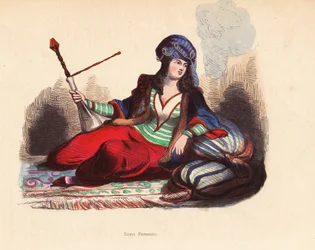 Dama persa - Noble persa con turbante enjoyado, chaqueta de piel, túnica y pantalón, fumando pipa de agua, recostada sobre cojines y alfombra - xilografía coloreada a mano de Pannemaker y Mercier a partir de una ilustración de H. Hendrickx de "Mores, Us