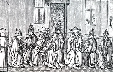 Pedro el Ermitaño, el Papa Urbano II y Simeón Patriarca de Jerusalén