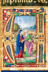 Biblioteca Piccolomini: libro de coro, cod. 14.P., ff. 2r con "la Visitación de María y Santa Isabel, de Giovanni di Giuliano Boccardi, conocido como Boccardino el Viejo. Detalle.