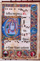 Biblioteca Piccolomini: libro de coro, cod. 15.Q., ff. 64r con la "Asunción de la Virgen", de Guidoccio Cozzarelli y Bernardino Cignoni.