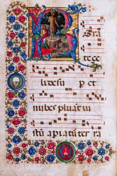 Biblioteca Piccolomini: libro de coro, cod. 18.3, ff. 45v con "Predicación de San Juan Bautista", de Girolamo da Cremona.
