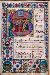 Biblioteca Piccolomini: libro de coro, cod. 23.8, ff. 100v con "El Pentecostés", de Girolamo da Cremona.