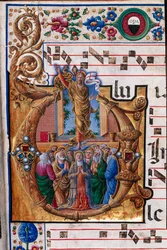 Biblioteca Piccolomini: libro de coro, cod. 23.8, ff. 66r con "La Ascensión de Cristo", de Girolamo da Cremona. Detalle.