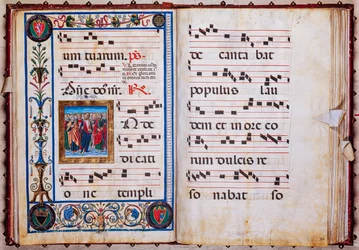 Biblioteca Piccolomini: libro de coro, cod. 26.R, ff. 29v-30r con "Cristo y todos los santos", de Giovanni di Taldo.