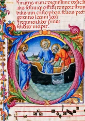 Biblioteca Piccolomini: libro de coro, cod. 27.11, ff. 1r con "Llamada de San Pedro y San Andrés", de Sano di Pietro. Detalle.