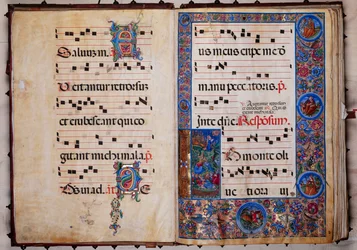 Biblioteca Piccolomini: libro de coro, cod. 8-H, ff. 1v-2r con "Cristo en el Huerto de Getsemaní", de Bernardino Cignoni.