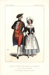 Pierre-Cheri Lafont en el papel de Frontin y Madame Bressant o Augustine Dupont como Marinette en Le Tricorne Enchante de Theophile Gautier, Theatre des Varietes