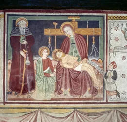 Piedad con San Antonio Abad, fresco, museo Homo Salvadego, Sacco, Cosio Valtellino, Lombardía, Italia
