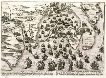 Plano del puerto de Cádiz en 1596 en el momento del ataque de Sir Walter Raleigh (grabado)