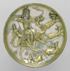Placa con una escena de caza del cuento de Bahram Gur y Azadeh, c. siglo V