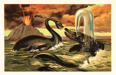 Plesiosaurus e Ichthyosaurus luchando frente a una erupción 1908 (litografía)