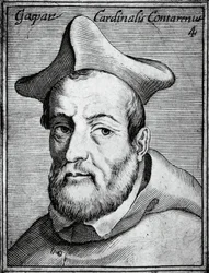 Retrato de Gasparo Contarini (1483-1542), cardenal y obispo italiano, grabado de Illustrissimorum, omnique virtutis, et scientiarum laude praestantissimoru virorum icones, por Claudius Pernetus