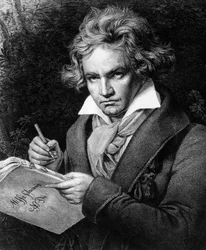 Retrato de Ludwig van Beethoven (1770-1827), músico alemán, componiendo la Missa solemnis, basado en el cuadro de Karl Joseph Stieler (1781-1858).