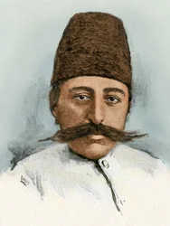 Retrato de Mozaffar ad-din (ad Din) (Mozaffer ed dine, Mozaffer-ed-dine, Mozzafar-al-Din, Mozzafar al-Din, Mozaffaredin) (1853-1907), Sha de Irán entre 1896 y 1907. Grabado en color del siglo XIX.