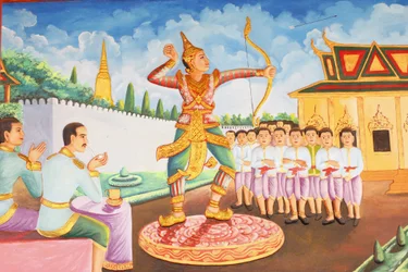 Monasterio Preah Prom Rath: Vida del Buda: El príncipe Siddhartha Gautama se convirtió en un campeón de esgrima, lucha y tiro con arco, Siem Reap, Camboya