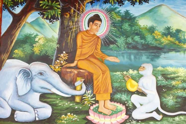 Vida del Buda con el elefante y el mono devotos, Siem Reap, Camboya