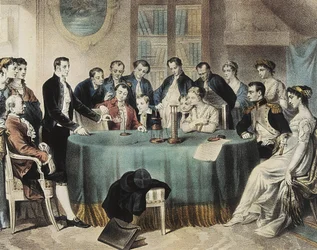 Presentación en 1801 de los experimentos sobre la pila eléctrica al Primer Cónsul Napoleón Bonaparte por Volta (grabado)